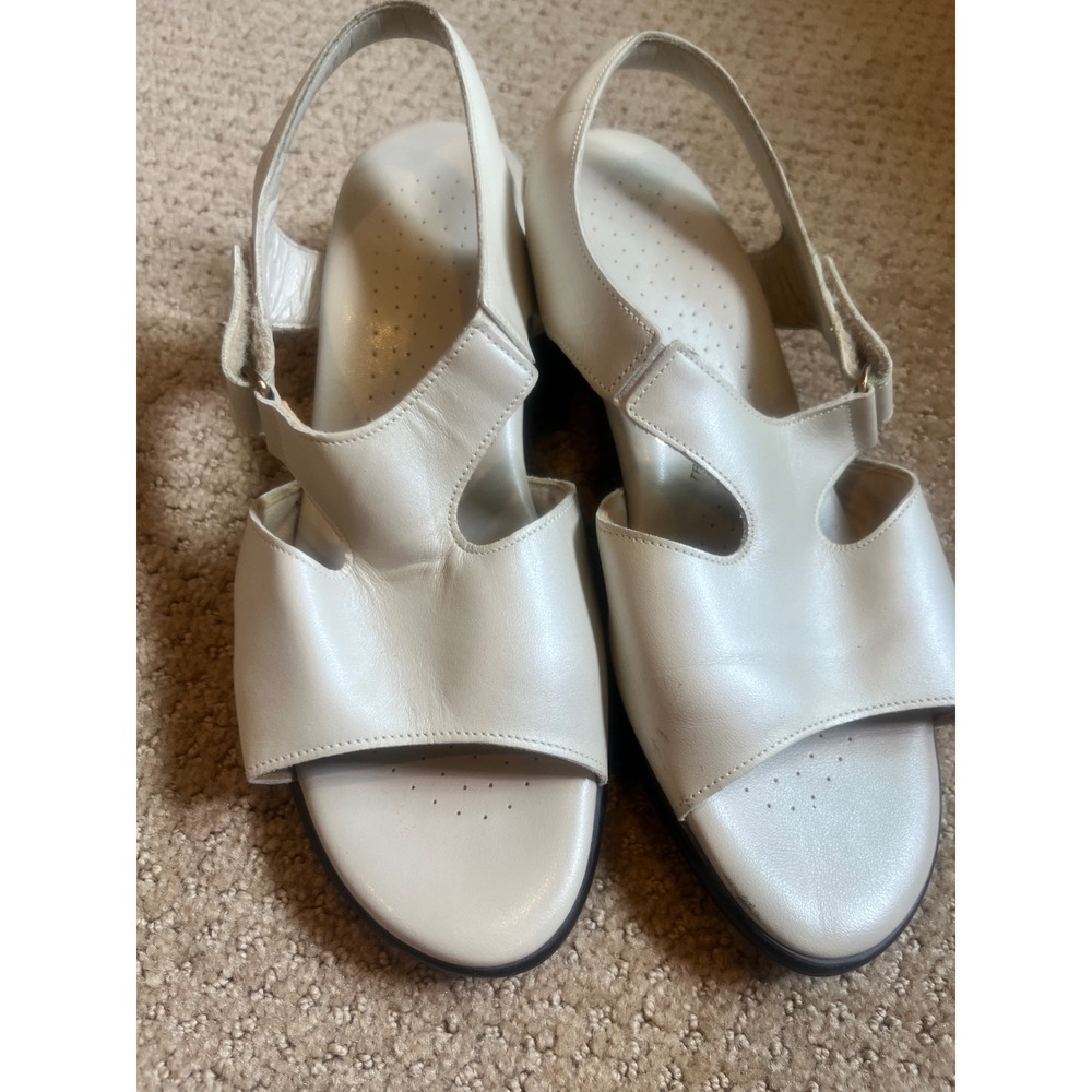 SAS Tripad Comfort White Leather Low Wedge Sandal Hook Loop Strap Womens 9.5 W